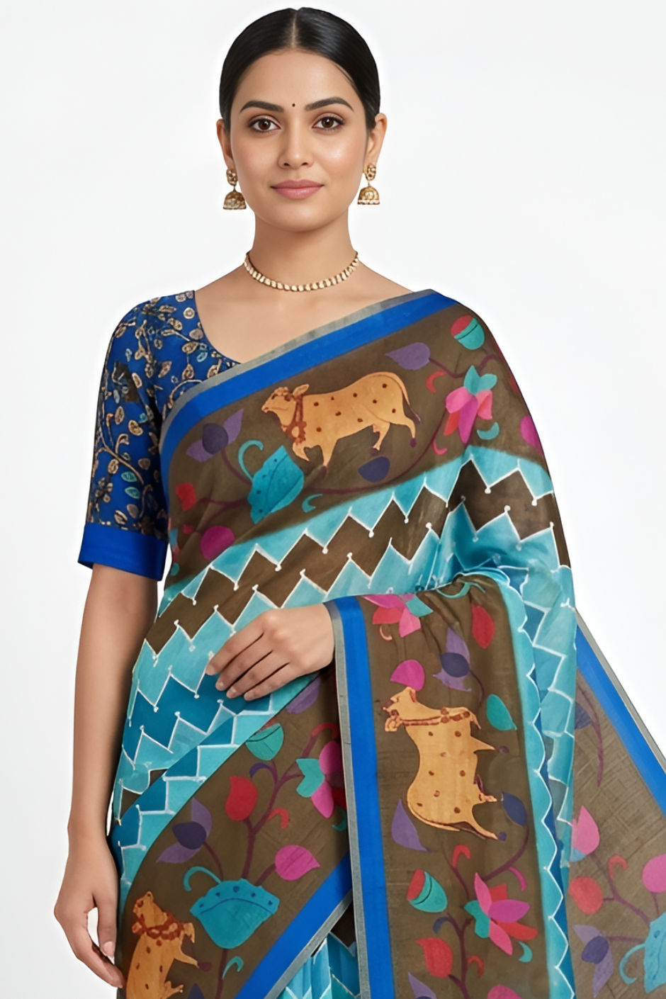 Kazari Print Linen Zari Border Saree (Brown Multicolor)