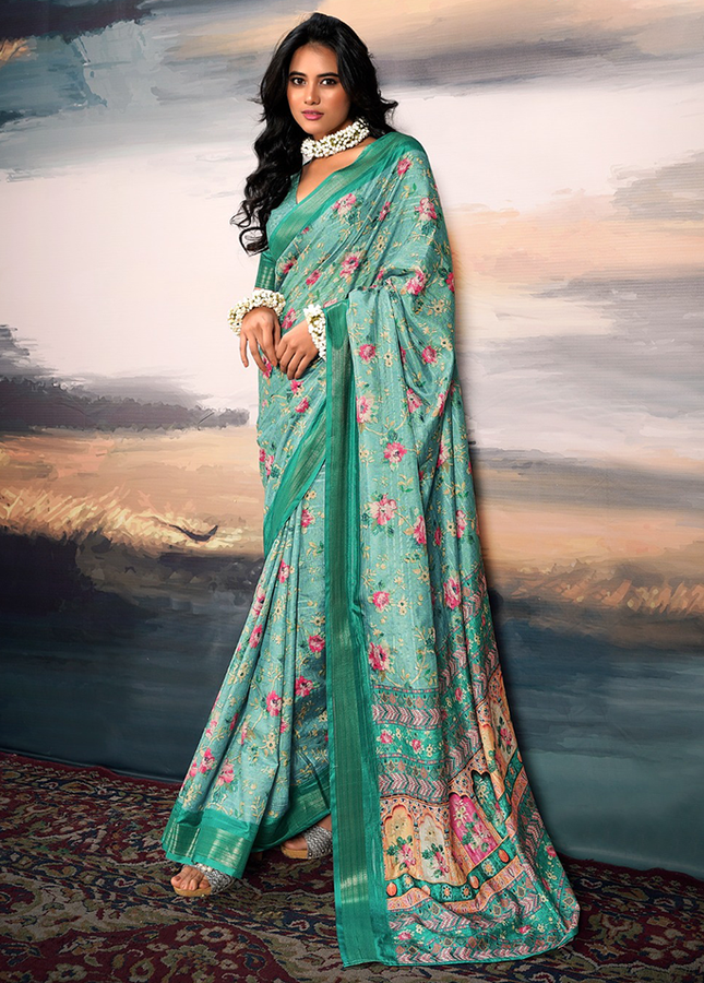 Pure Cotton Silk,Digital Print Organza Saree (Green)