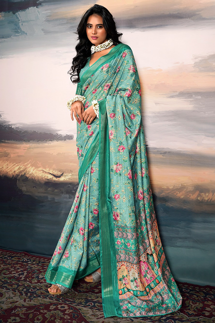 Pure Cotton Silk,Digital Print Organza Saree (Green)
