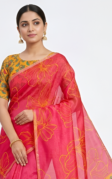 Kalamkari Printed Chanderi Linen Saree with Weaving Border (Bright Red)