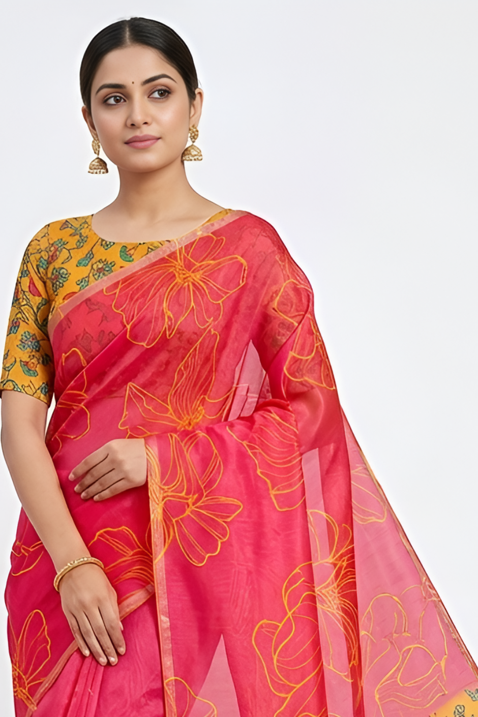 Kalamkari Printed Chanderi Linen Saree with Weaving Border (Bright Red)