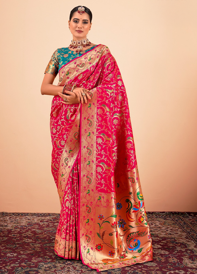 Paithani Silk Saree With Contrast Blouse (Red)