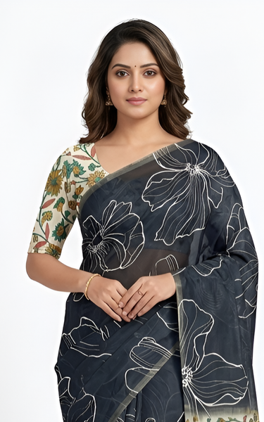 Kalamkari Printed Chanderi Linen Saree with Weaving Border (Black)