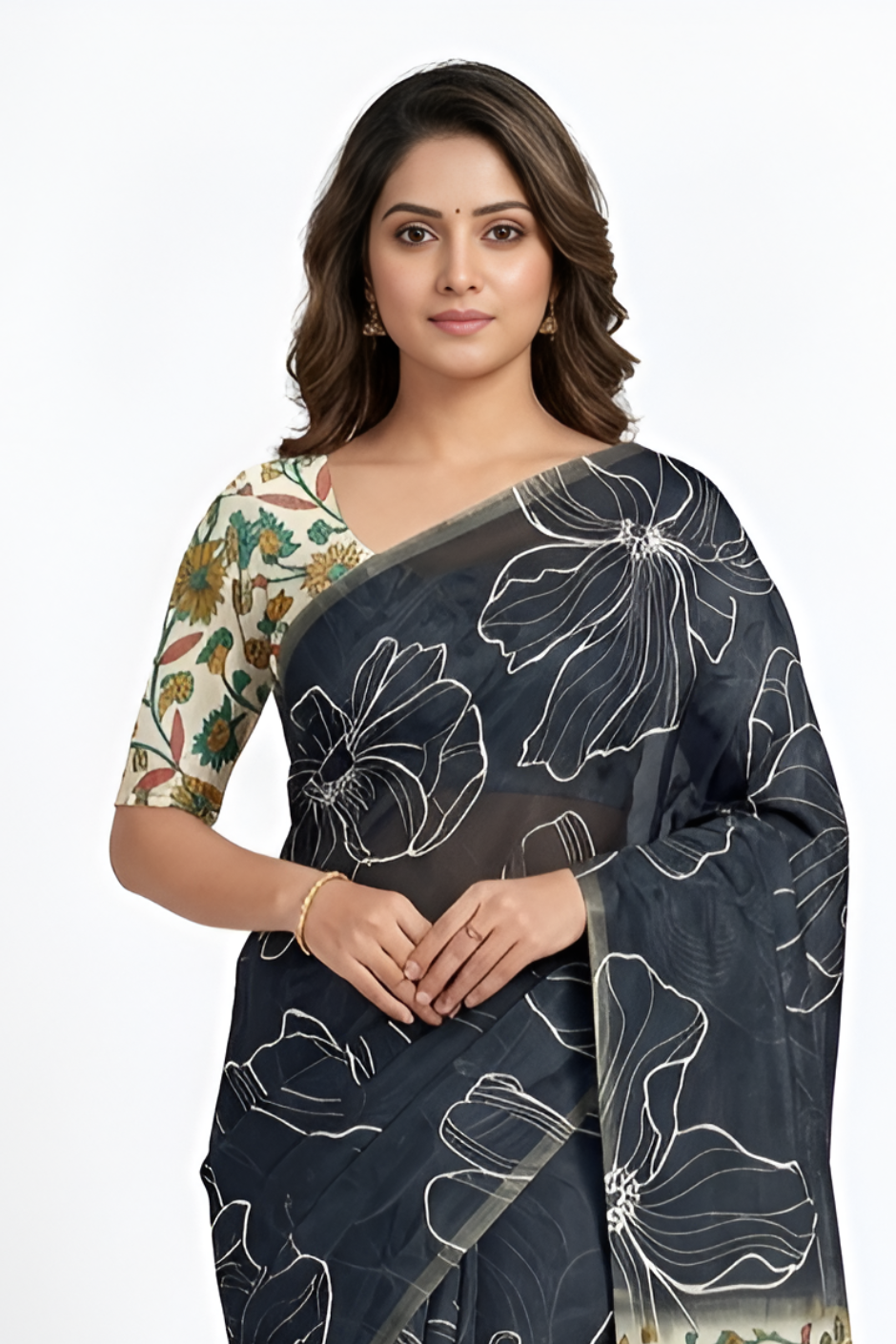 Kalamkari Printed Chanderi Linen Saree with Weaving Border (Black)