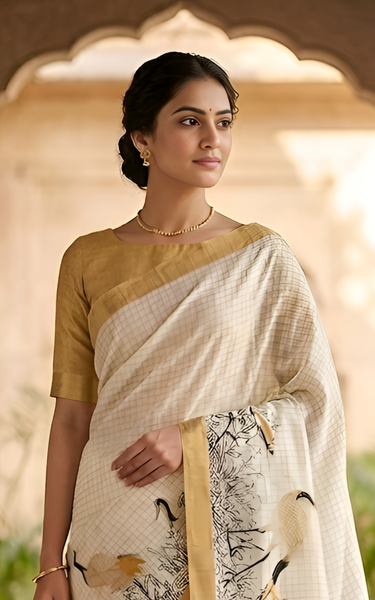 Pure Linen Zari Chex Weaving Duck Print Saree (Off-white & Golden)