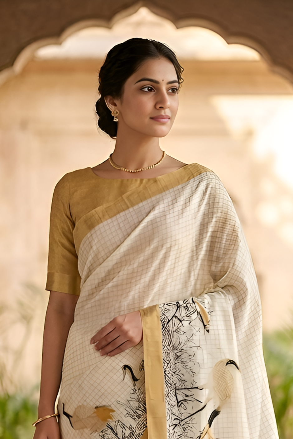 Pure Linen Zari Chex Weaving Duck Print Saree (Off-white & Golden)