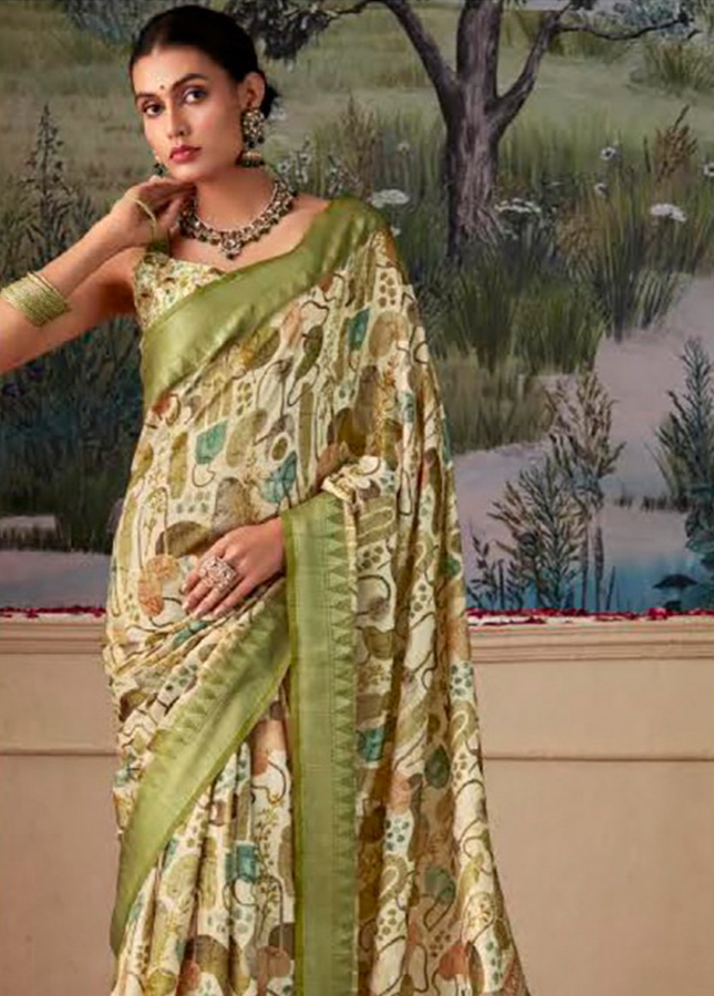 Geometric Print,Digital Saree (Green)