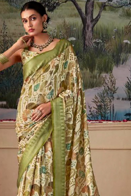 Geometric Print,Digital Saree (Green)