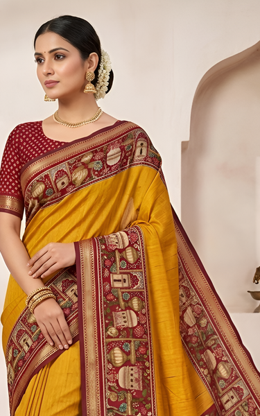 Temple Printed Soft Mul Cotton Saree with Zari Border (Yellow)
