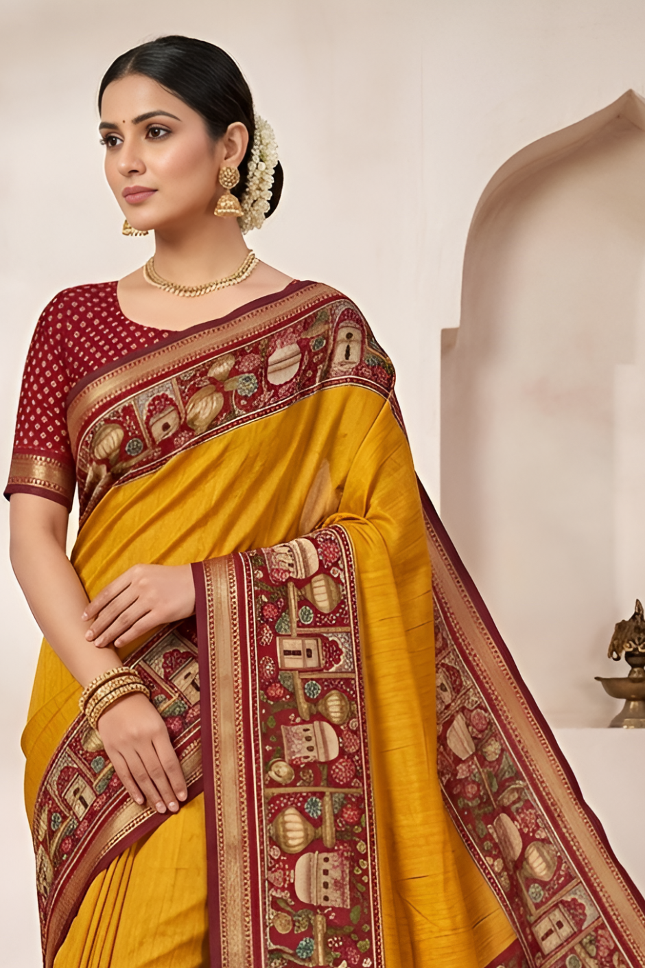Temple Printed Soft Mul Cotton Saree with Zari Border (Yellow)