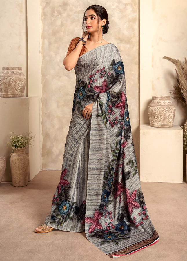 Fancy Print,Crape Silk Saree (Grey)