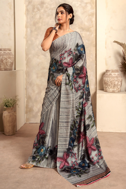 Fancy Print,Crape Silk Saree (Grey)