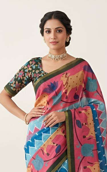 Kazari Print Linen Zari Border Saree (Pink Multicolor)