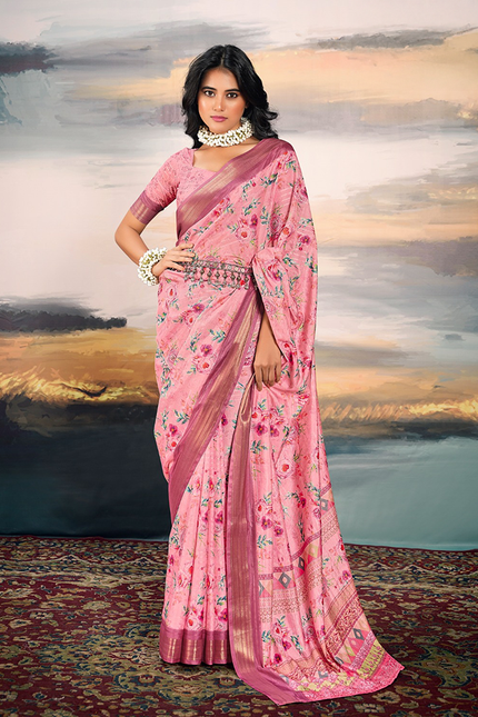 Pure Cotton Silk,Digital Print Organza Saree (Pink)