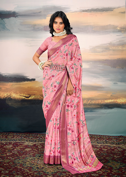 Pure Cotton Silk,Digital Print Organza Saree (Pink)