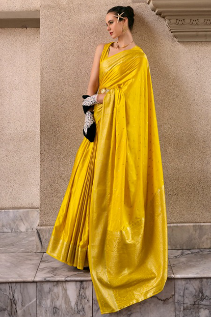 Weaving,Rich Pallu,Satin Mugha Silk Saree(Yellow)