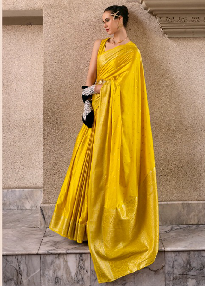 Weaving,Rich Pallu,Satin Mungha Silk Saree (Yellow)