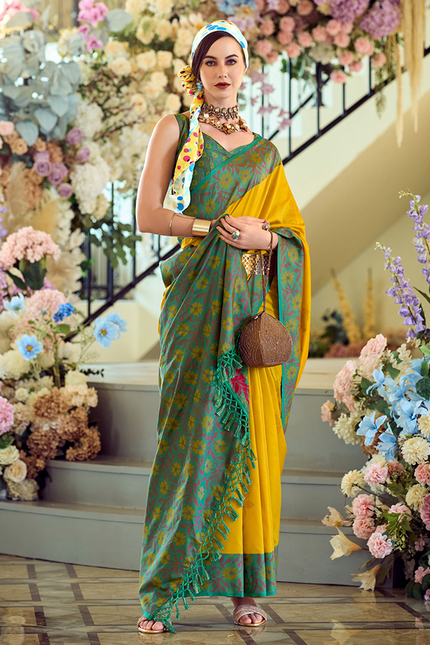 Ikkat Border, Soft silk Contrast pallu Saree (Yellow)