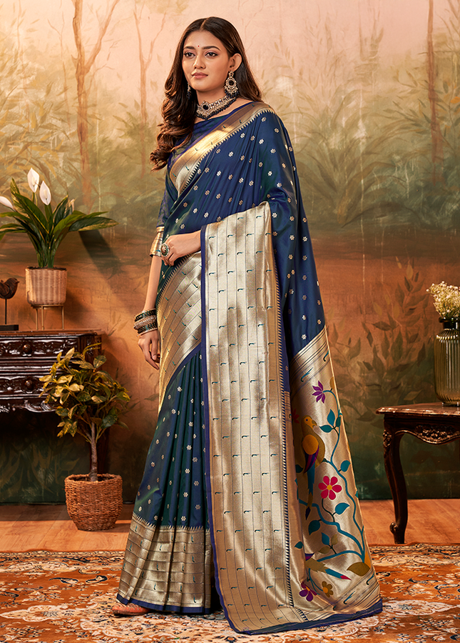Pure Paithani Silk,Weaving Saree (Blue)