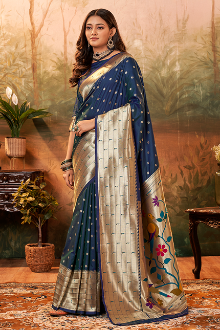 Pure Paithani Silk,Weaving Saree (Blue)