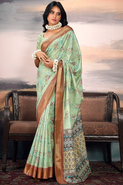 Pure Cotton Silk,Digital Print Organza Saree (Green)