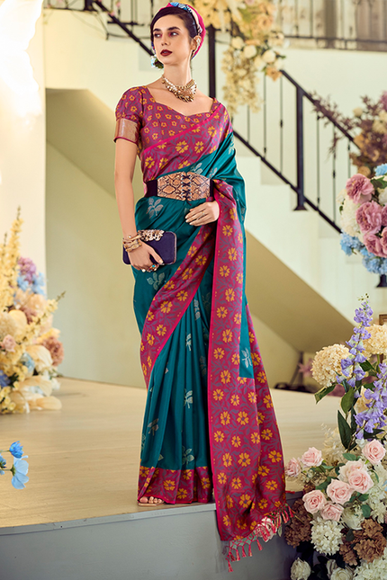 Ikkat Border, Soft silk Contrast pallu Saree (Blue)