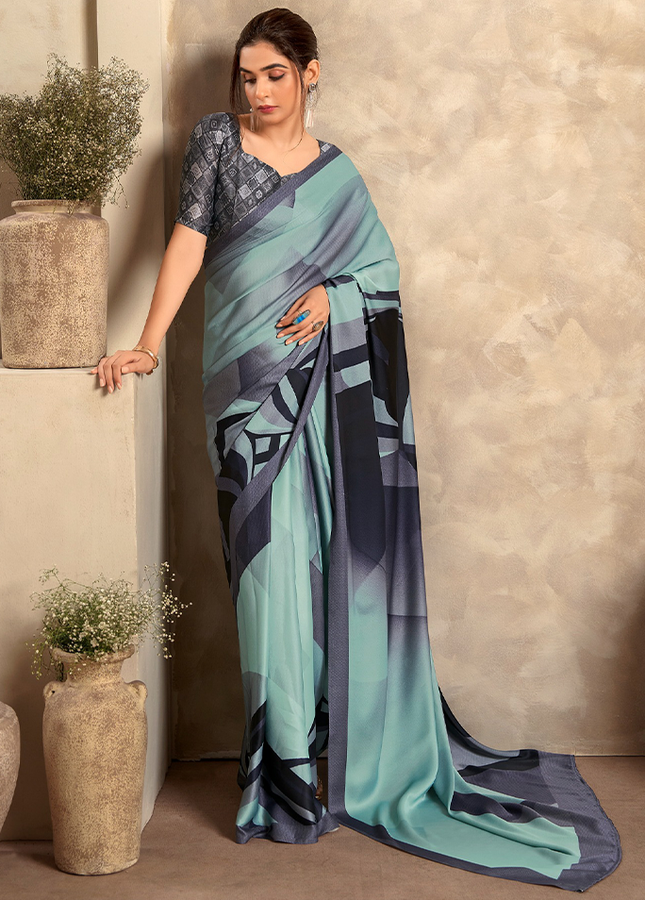 Fancy Print,Crape Silk Saree (Baby Blue)