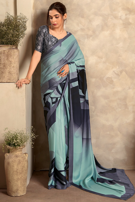 Fancy Print,Crape Silk Saree (Baby Blue)