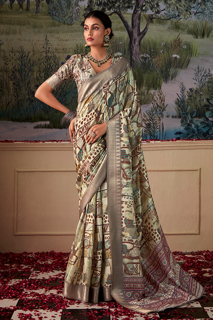Geometric Print,Digital Saree (Cream & Grey)