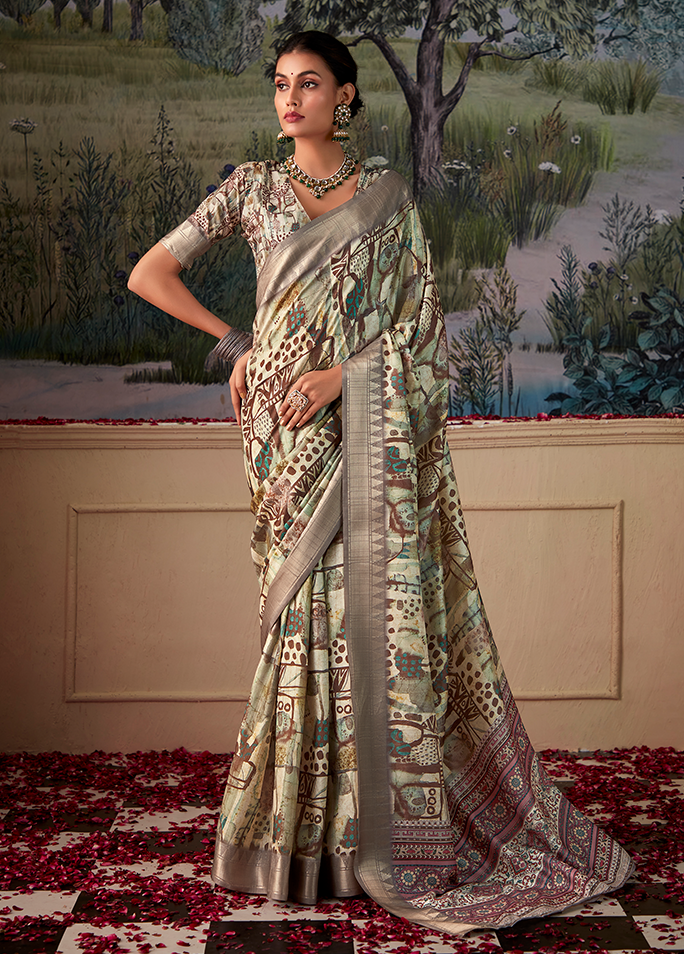 Geometric Digital Print Saree (Cream & Grey)