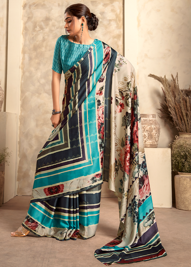 Fancy Print,Crape Silk Saree (Sky Blue)