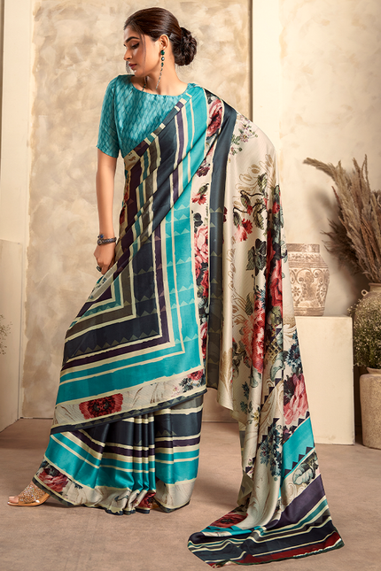 Fancy Print,Crape Silk Saree (Sky Blue)