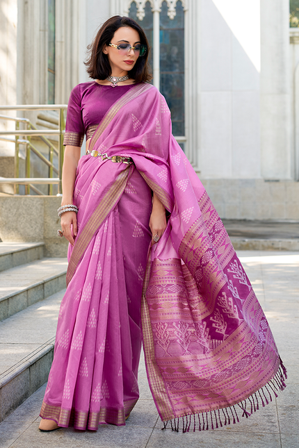 Ikkat Weaving, Reyon silk Contrast pallu Saree (Purple)