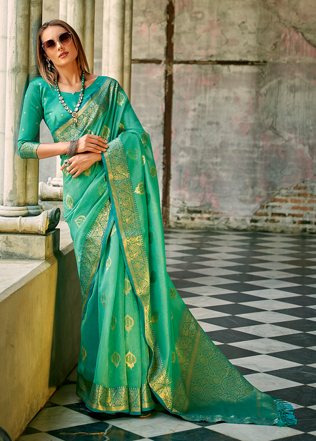 Weaving,Rich Pallu,Tissue Silk Saree (Green)