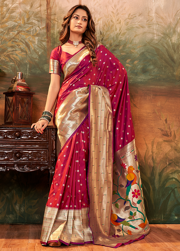 Pure Paithani Silk,Weaving Saree (Magenta)