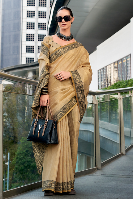 Linen Tissue,Gala Border Saree (Chiku)