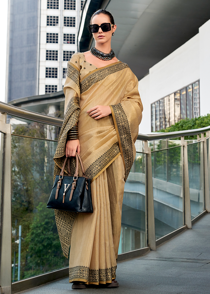 Linen Tissue, Gala Border Saree (Chiku)