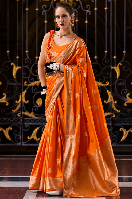 Weaving,Rich Pallu,Satin Mugha Silk Saree(Orange)