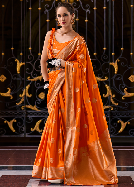 Weaving,Rich Pallu,Satin Mugha Silk Saree(Orange)