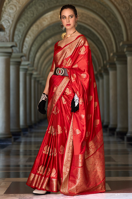 Weaving,Rich Pallu,Satin Mugha Silk Saree(Red)