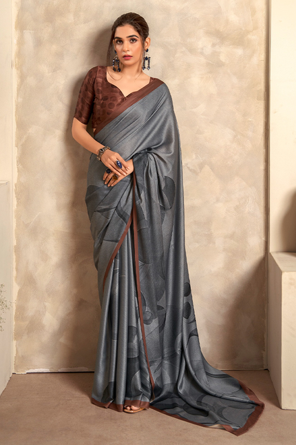 Fancy Print,Crape Silk Saree (Grey & Brown)