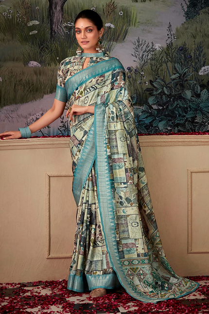 Geometric Print,Digital Saree (Sky Blue)