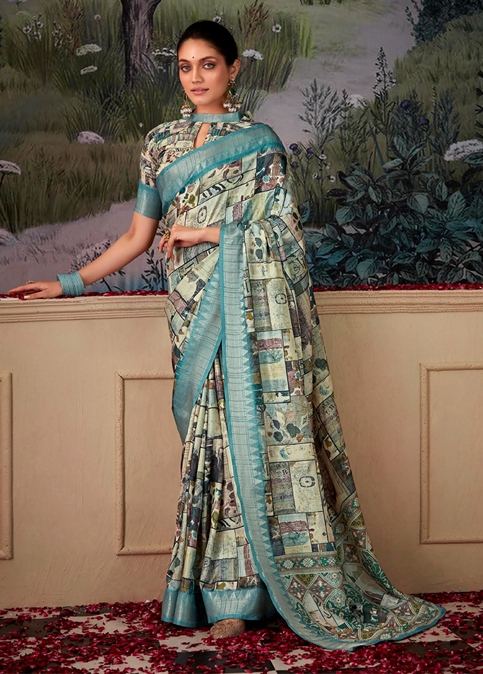 Geometric Digital Print Saree (Sky Blue)