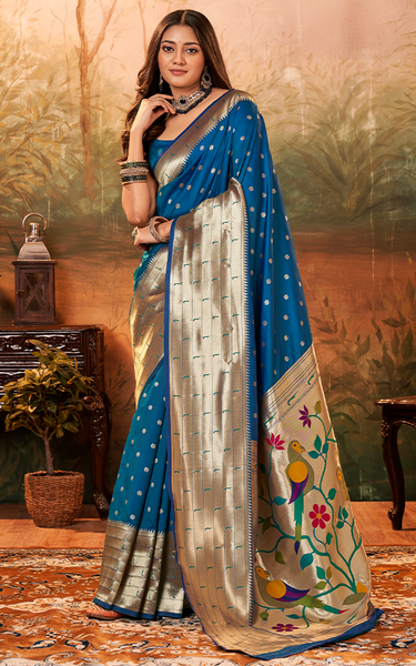 Pure Paithani Silk,Weaving Saree (Blue)