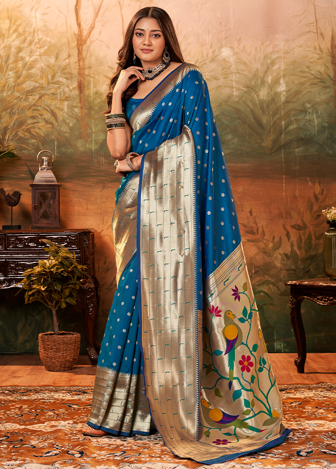 Pure Paithani Silk,Weaving Saree (Blue)