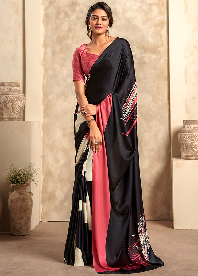 Fancy Print,Crape Silk Saree (Black)