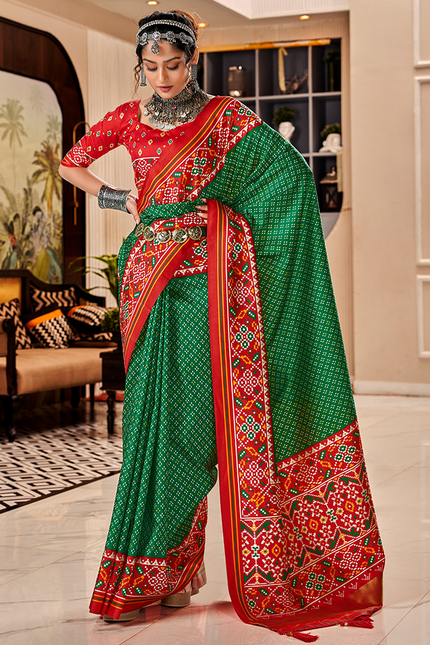 Bandhan Patola,Handloom Silk Saree (Dark Green)