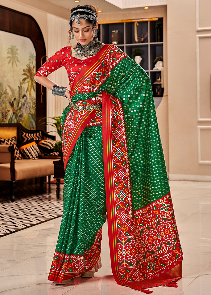 Bandhan Patola, Handloom Silk Saree (Dark Green & Red)