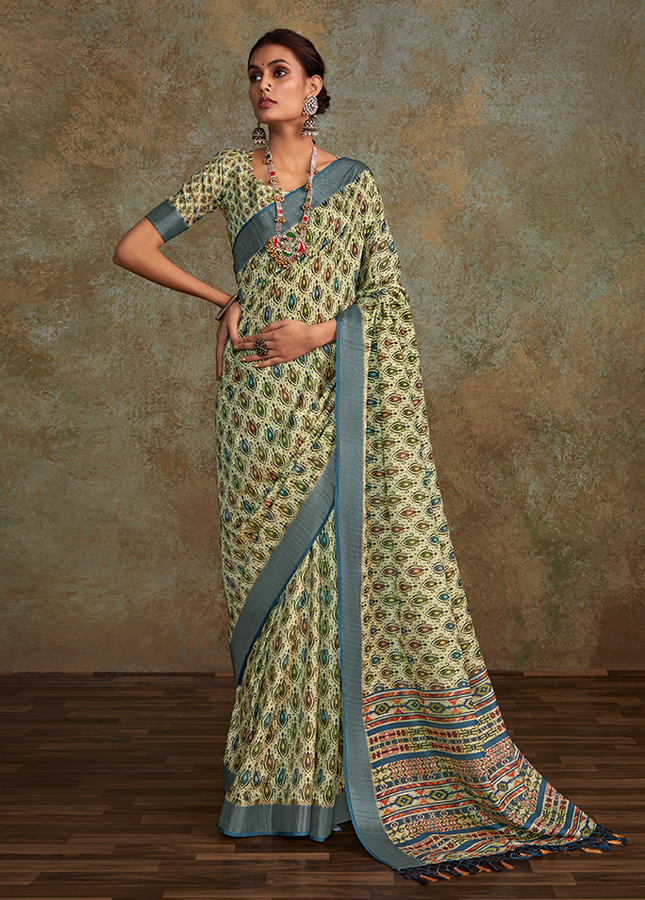 Handloom with All Over Print, Sequence Weaving Saree (Cream)