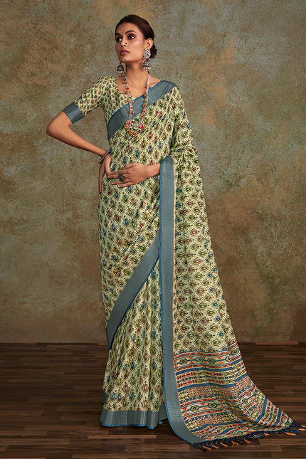 Handloom with All Over Print, Sequence Weaving Saree (Cream)